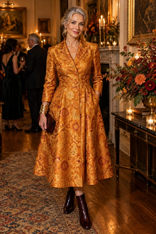 A gold and orange floral brocade coat dress with a belted waist, styled with burgundy ankle boots, a dark clutch, and gold jewelry.