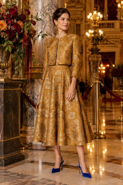 Gold Brocade Two-Piece Outfit A gold brocade cropped jacket and full midi skirt are paired with blue heels and gold earrings.