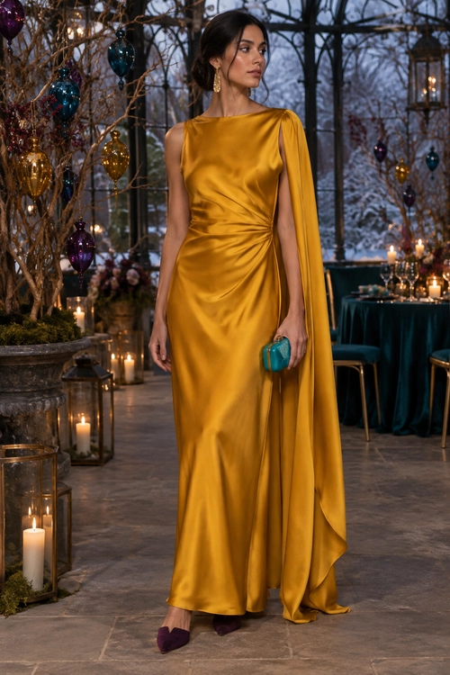 Gold Draped Evening Gown A woman wears a floor-length gold satin gown with a draped shoulder panel, gold earrings, a turquoise clutch, and purple pointed shoes.