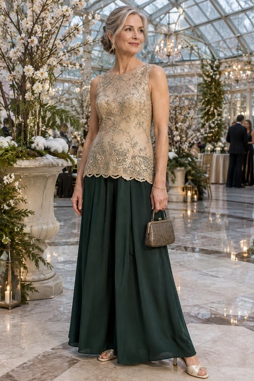 A sleeveless champagne-gold lace top is paired with a flowing dark green maxi skirt, metallic clutch, and open-toe heels.