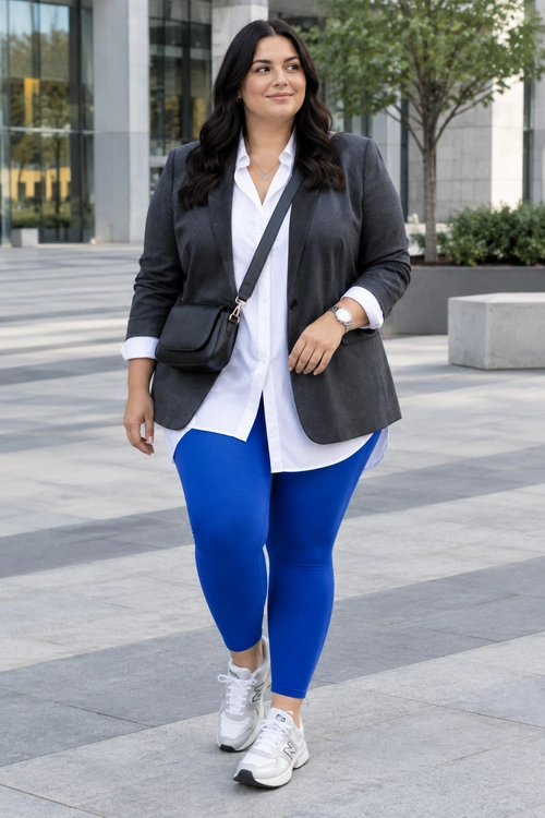 Gray Blazer and Blue Leggings Outfit A woman wearing a charcoal gray blazer over a white button-down shirt with bright blue leggings, white sneakers, and a black crossbody bag.