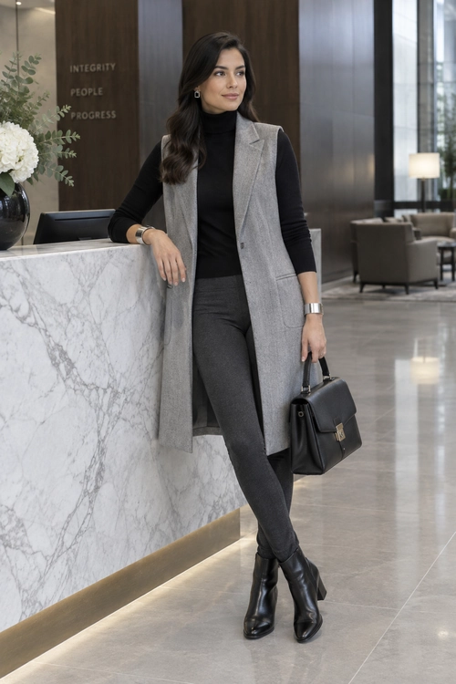A polished outfit featuring a gray longline vest over a black turtleneck with gray trousers, black heeled ankle boots, and a structured black handbag.