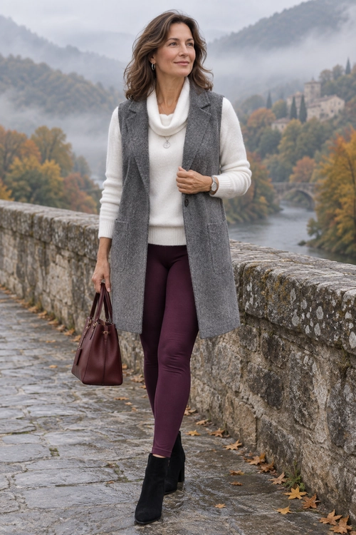 Woman wearing a gray long vest over a cream sweater with burgundy pants, black ankle boots, and a burgundy handbag.