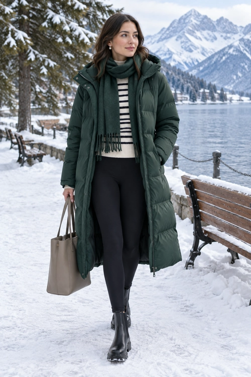Woman wearing a long dark green puffer coat, green scarf, striped cream sweater, black leggings, black ankle boots, and a taupe tote bag in a snowy lakeside setting.