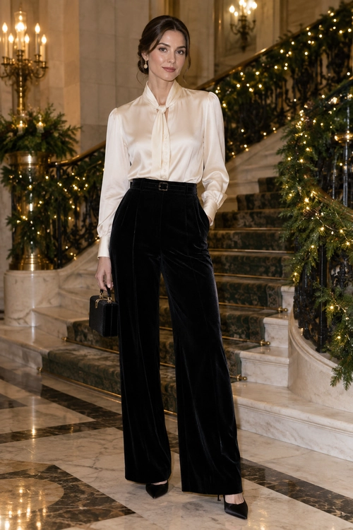 Ivory Blouse and Black Velvet Trousers A woman wears an ivory tie-neck blouse with black velvet wide-leg trousers, a black belt, pointed heels, and a small black handbag.