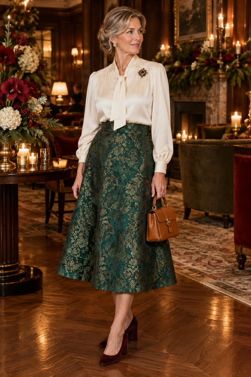 An ivory tie-neck blouse with a jeweled brooch is paired with a green floral brocade midi skirt, burgundy heels, and a brown handbag.