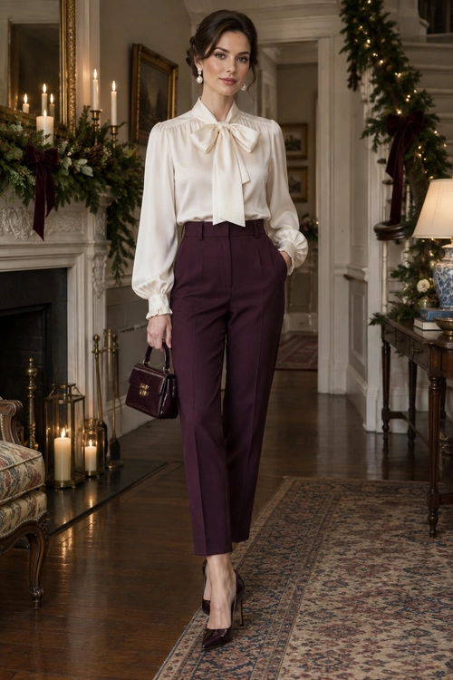 Ivory Bow Blouse and Burgundy Trousers An ivory long-sleeve bow blouse is styled with high-waisted burgundy trousers, matching heels, a small handbag, and drop earrings.