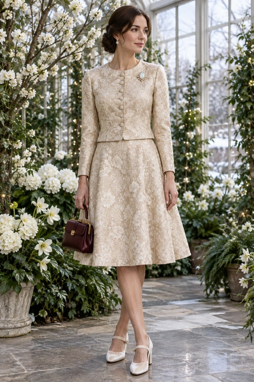 A woman wears a cream floral brocade jacket and matching A-line skirt with ivory strap shoes and a burgundy handbag.