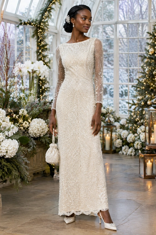 Ivory Embellished Evening Gown A woman wears an ivory embellished floor-length gown with sheer long sleeves, white pointed-toe heels, and a small beaded clutch.