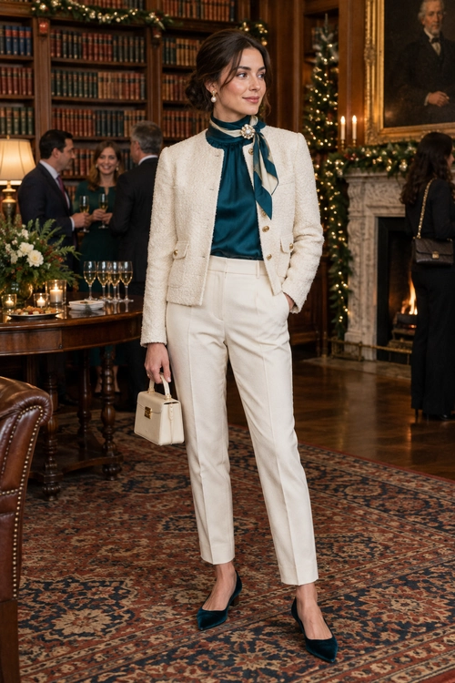 Ivory Jacket and Teal Blouse Outfit A woman wears an ivory textured jacket and trousers with a teal blouse and neck scarf, pointed shoes, pearl earrings, and a small ivory handbag.
