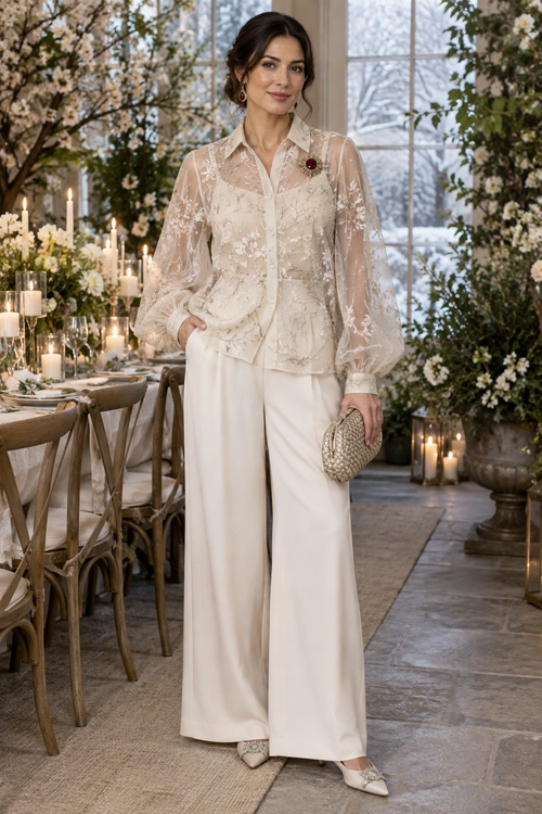 Ivory Lace Blouse and Wide-Leg Trousers An ivory sheer floral lace blouse is worn with white wide-leg trousers, pointed embellished flats, earrings, and a beaded clutch.