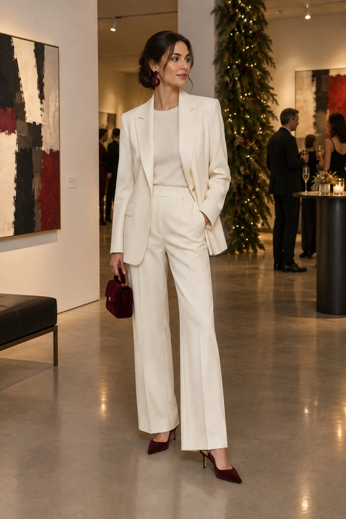 Ivory Suit with Burgundy Accents A woman wears an ivory blazer and wide-leg trousers with a matching top, burgundy heels, earrings, and a small handbag.