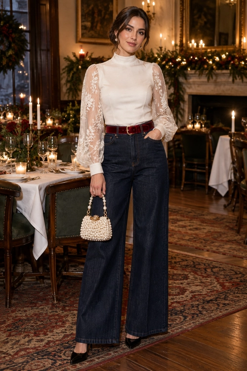 An ivory high-neck top with sheer embroidered sleeves is styled with dark wide-leg jeans, a burgundy belt, a pearl-beaded handbag, and black heels.