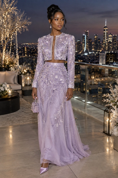 Lavender Embellished Evening Set A lavender embellished cropped jacket and floor-length skirt paired with matching pointed heels and a small beaded bag.