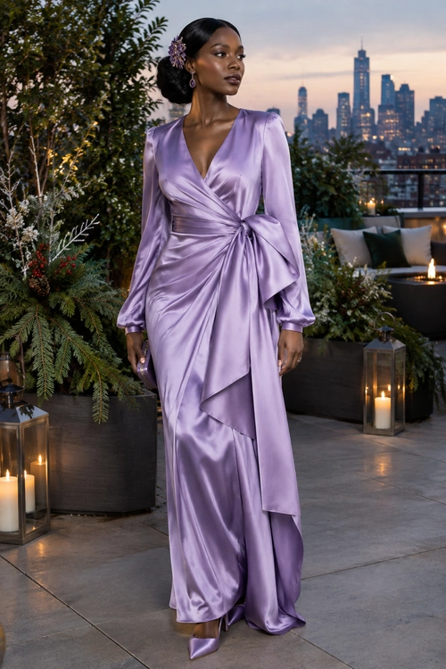Lavender Satin Wrap Gown A floor-length lavender satin wrap gown with long sleeves and draped detailing, paired with pointed-toe heels and a purple floral hair accessory.