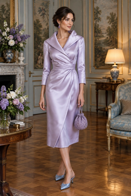A woman wears a lavender satin wrap midi dress with pointed heels, drop earrings, and a small beaded handbag.
