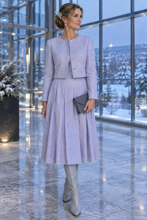 A lavender cropped jacket and matching midi skirt styled with pale gray knee-high boots, a dark clutch, and a jeweled hair accessory.