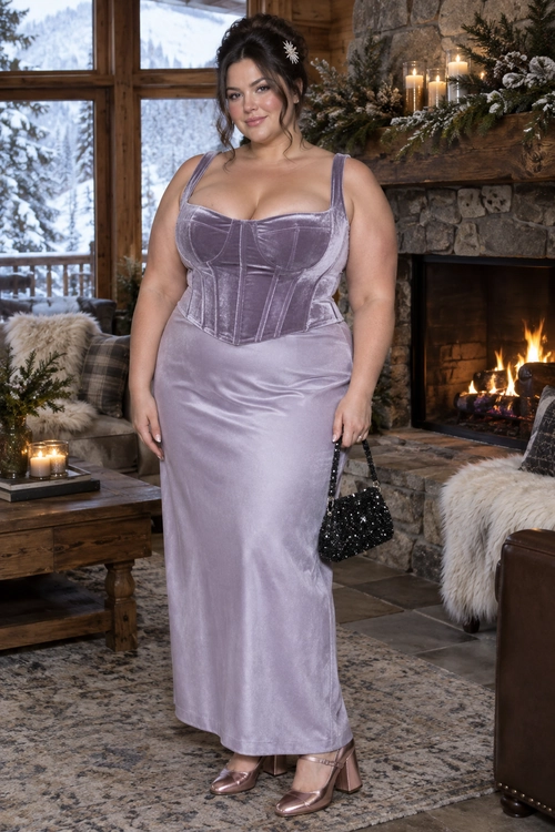 Lavender Velvet Corset Dress A lavender floor-length dress with a structured corset-style bodice is paired with a black beaded handbag and metallic block-heel sandals.