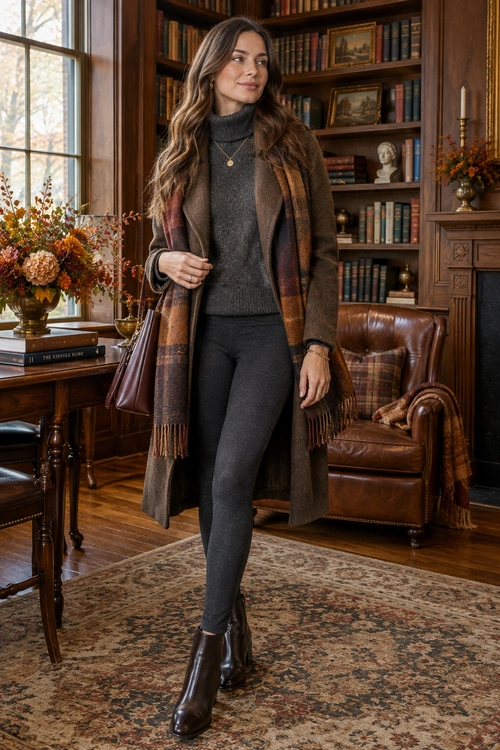 Woman wearing a long brown coat, charcoal turtleneck sweater, dark slim trousers, plaid scarf, ankle boots, and a shoulder bag.