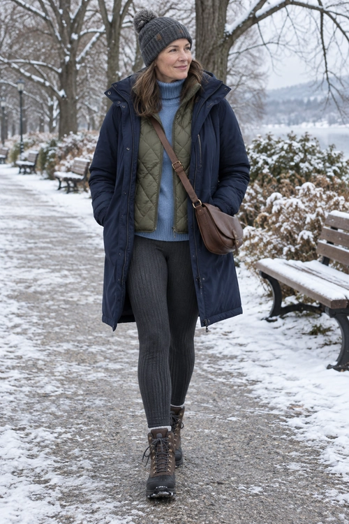 Woman wearing a navy parka over an olive quilted vest and light blue turtleneck with gray ribbed pants, a knit beanie, brown crossbody bag, and lace-up boots in a snowy park.