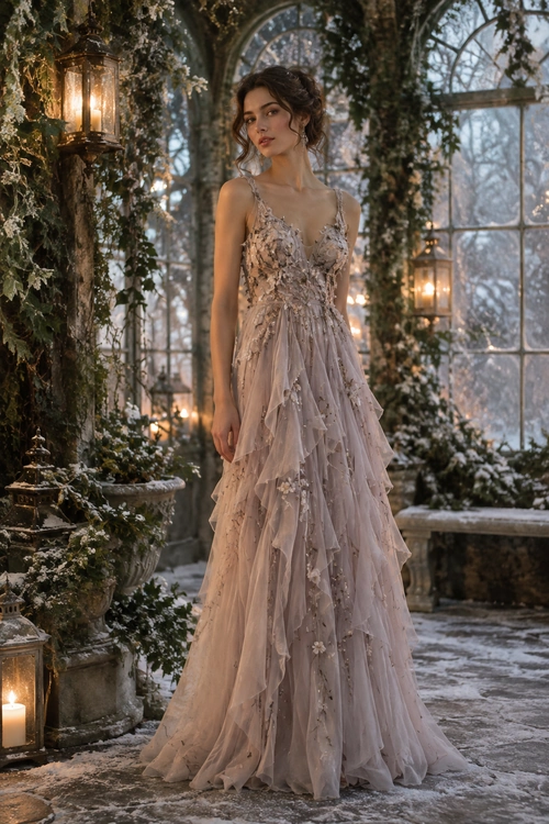 A floor-length dusty mauve gown with thin straps, floral appliqués, and cascading layers of sheer tulle.