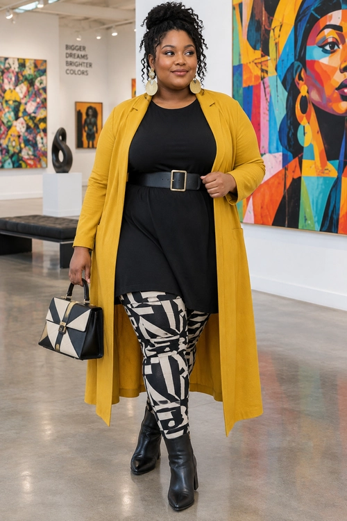 Mustard Duster with Bold Printed Leggings A woman wears a mustard yellow long duster over a black belted outfit with geometric black and white leggings, black boots, statement earrings, and a structured handbag.
