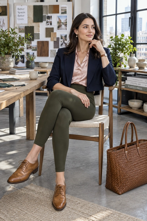 Navy Blazer and Olive Trousers Outfit A polished outfit featuring a navy blazer, blush blouse, olive slim trousers, brown oxford shoes, and a woven leather tote.