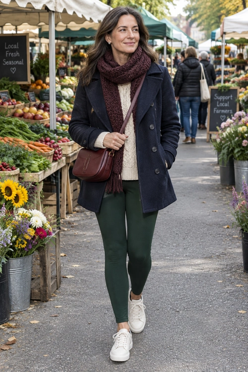 Woman wearing a navy double-breasted coat, cream sweater, burgundy scarf, dark green pants, white sneakers, and a burgundy crossbody bag at an outdoor market.