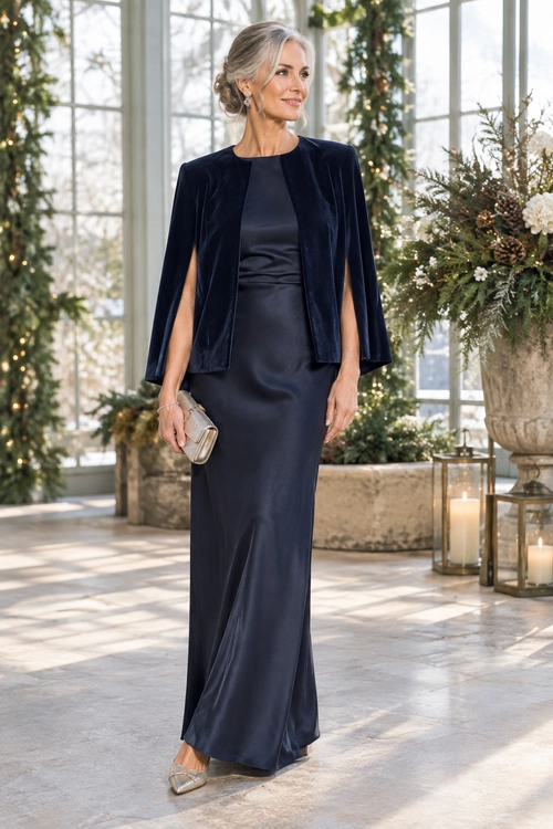 A floor-length navy gown is styled with a matching velvet cape, a metallic clutch, pointed metallic shoes, and drop earrings.