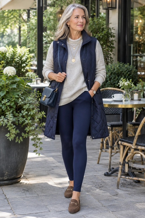 Navy Quilted Vest and Knit Sweater Outfit A woman wears a navy quilted vest over a cream knit sweater with navy trousers, brown loafers, and a crossbody bag at an outdoor cafe.