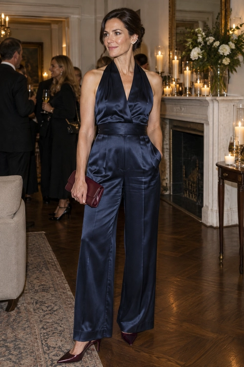 A navy satin halter jumpsuit with wide legs is styled with burgundy pointed heels and a matching clutch.