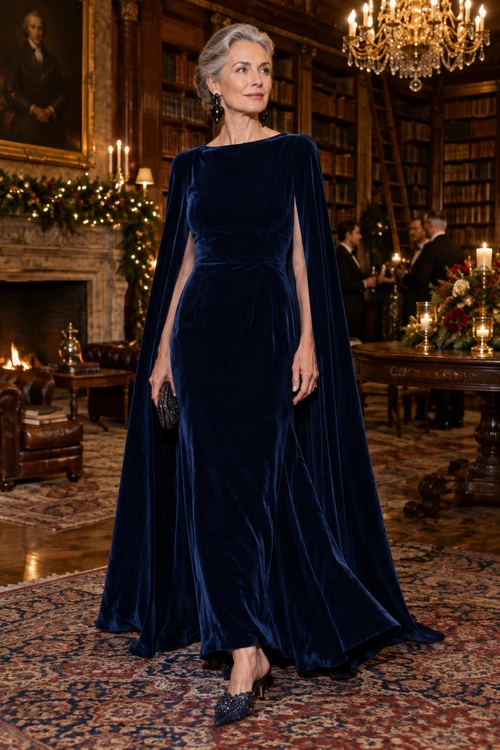 A woman wears a floor-length navy velvet gown with flowing cape sleeves, black earrings, a small black clutch, and embellished black heels.