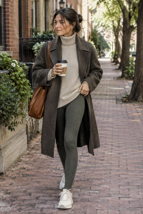 Woman wearing a long dark coat over a cream turtleneck sweater with fitted ribbed pants, white sneakers, and a brown leather shoulder bag.