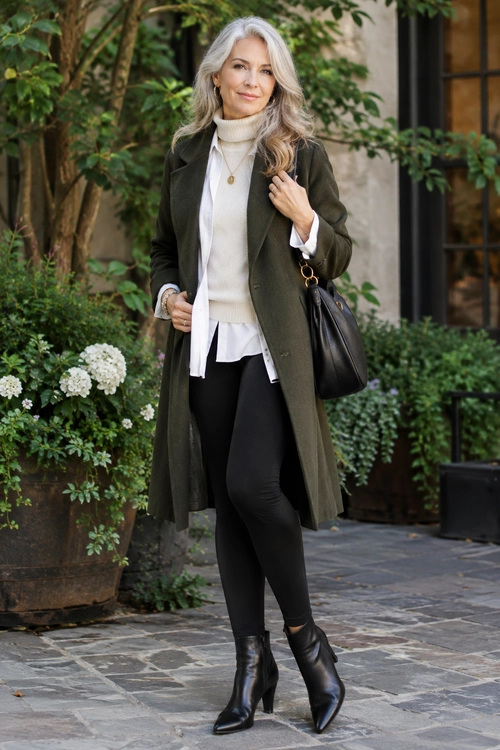 Olive Coat Layered Outfit Woman wearing an olive long coat over an ivory turtleneck sweater and white shirt with black leggings, heeled ankle boots, and a black shoulder bag.