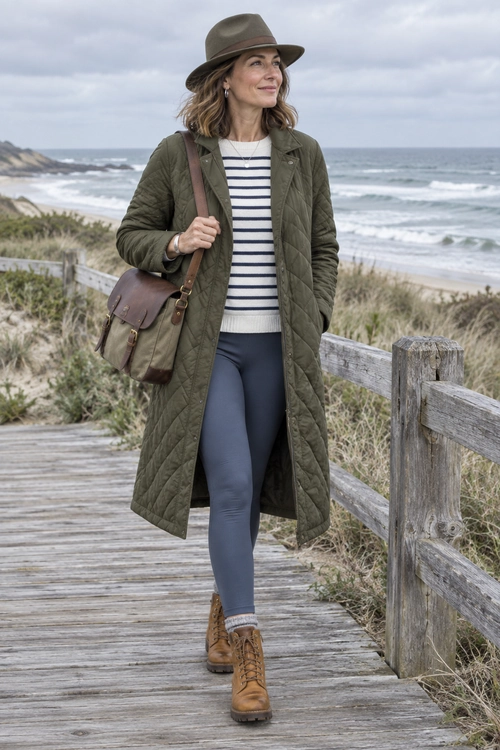 Woman wearing an olive quilted coat over a striped sweater with navy leggings, a brown fedora, crossbody satchel, and lace-up boots on a seaside boardwalk.