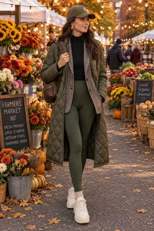 A woman wears an olive quilted coat, checked scarf, black top, olive leggings, white sneakers, baseball cap, and brown shoulder bag at an outdoor farmers market.