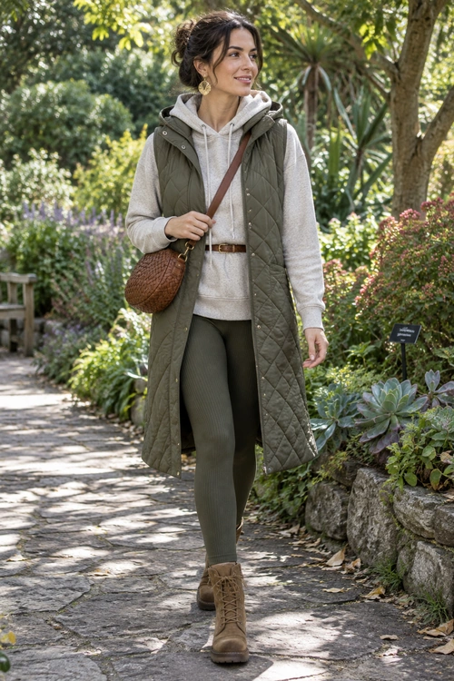 A woman wears an olive quilted long vest over a light beige hoodie with olive leggings, brown lace-up boots, and a brown crossbody bag.