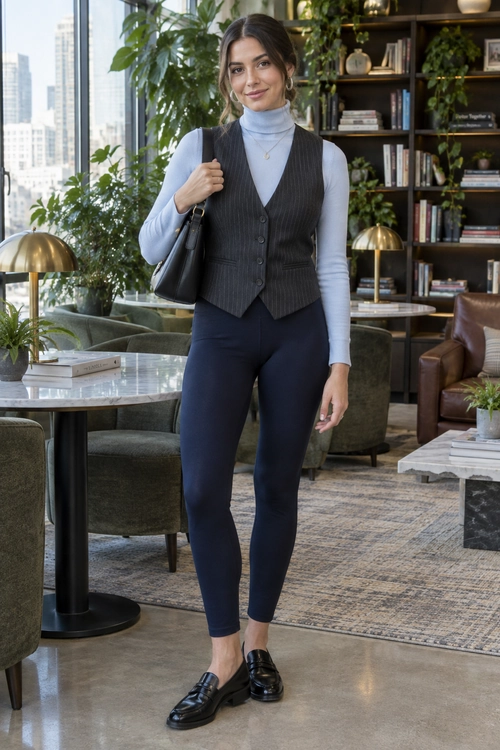 Pinstriped Vest and Navy Trousers A woman wears a light blue turtleneck, charcoal pinstriped vest, navy fitted trousers, black loafers, and a black shoulder bag.