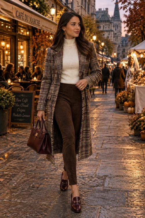 Woman wearing a long plaid coat over a cream turtleneck with brown trousers, burgundy loafers, and a matching structured handbag.
