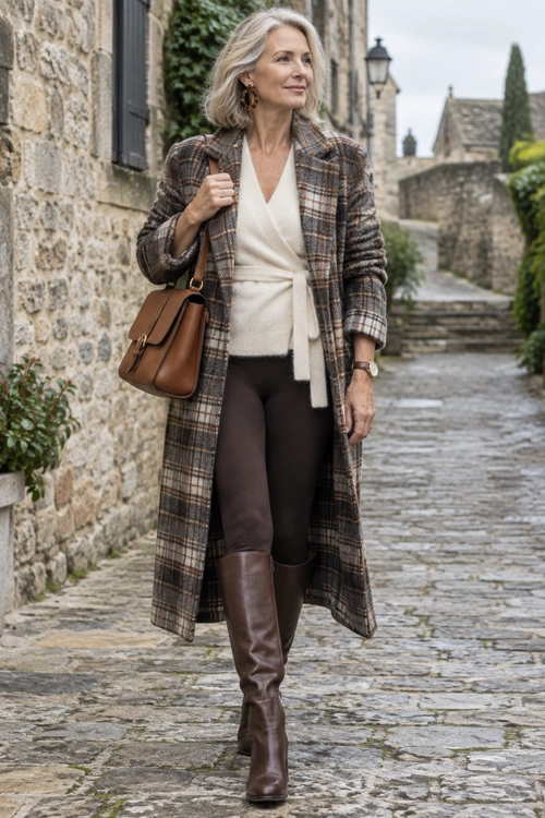 Plaid Coat and Knee-High Boots Woman wearing a long plaid coat over a cream wrap top with dark trousers, brown knee-high boots, and a leather shoulder bag.