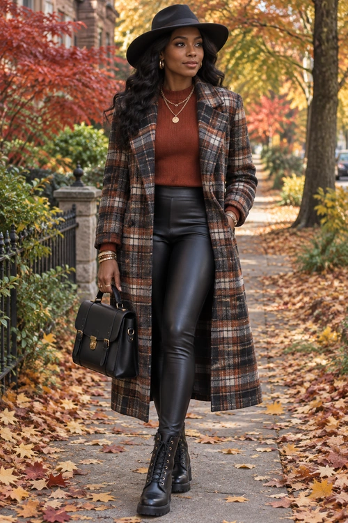 A woman wears a long plaid coat, rust sweater, black leather-look leggings, wide-brim hat, lace-up boots, and carries a structured black handbag on a tree-lined autumn sidewalk.
