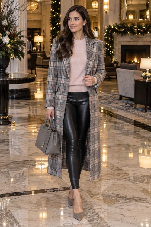 A woman wears a long gray plaid coat over a pale pink sweater with black leather pants, taupe pointed-toe heels, and a gray handbag.