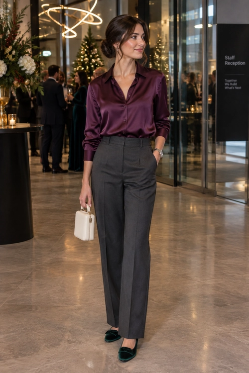 Plum Blouse and Tailored Trousers A plum satin button-up blouse is tucked into charcoal tailored trousers, paired with dark green loafers, a small white handbag, and a wristwatch.