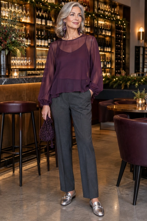 A sheer plum blouse with gray tailored trousers, silver loafers, purple earrings, and a beaded evening bag.