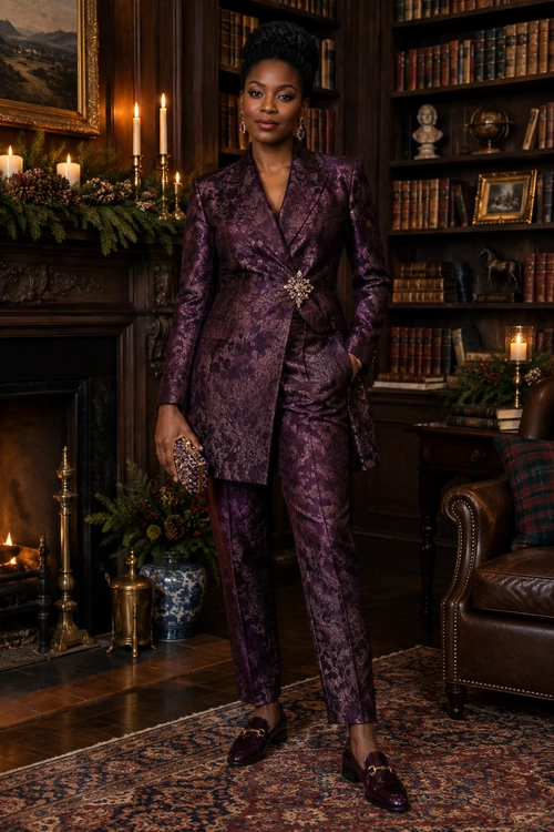 Plum Jacquard Suit A deep plum patterned suit with a long tailored blazer, matching trousers, embellished loafers, earrings, a brooch, and a small clutch.