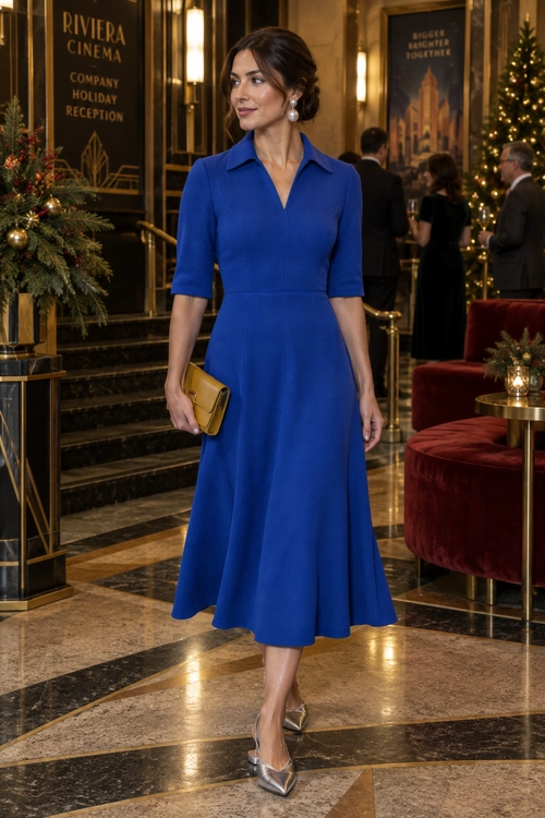 Royal Blue Fit-and-Flare Dress A woman wears a royal blue collared midi dress with pearl drop earrings, a gold clutch, and metallic pointed heels.