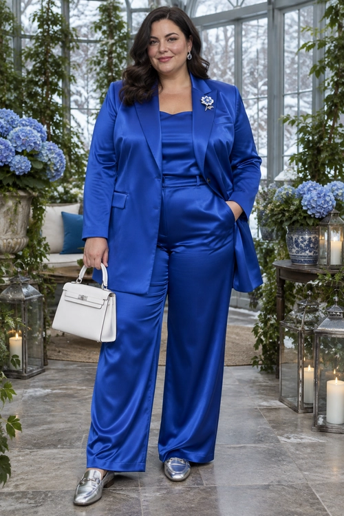 Royal Blue Satin Suit A royal blue satin blazer and matching wide-leg trousers are styled with a coordinating top, silver shoes, a white handbag, and a floral brooch.