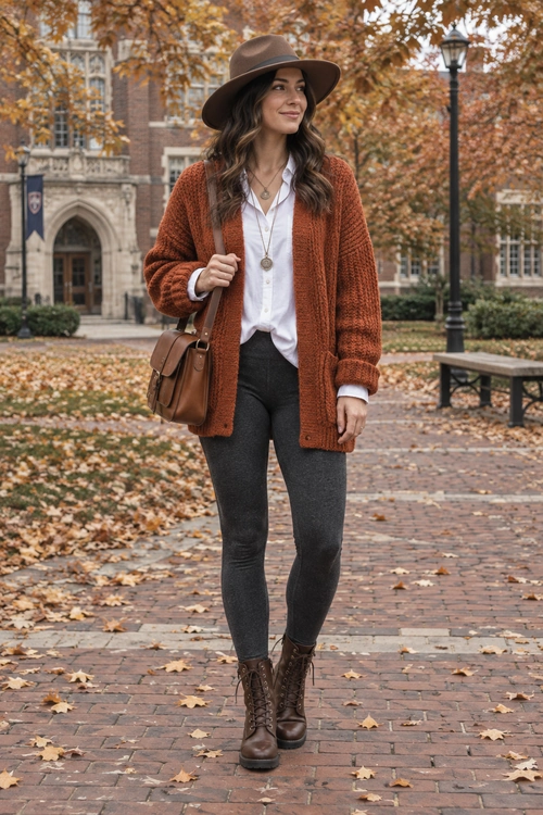 A woman wears a rust knit cardigan over a white button-down shirt with dark fitted jeans, brown lace-up boots, a wide-brim hat, and a leather crossbody bag.