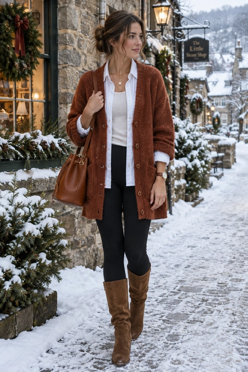 A woman wears a rust brown cardigan over a white collared shirt and top with black pants, brown knee-high boots, and a leather shoulder bag in a snowy village.