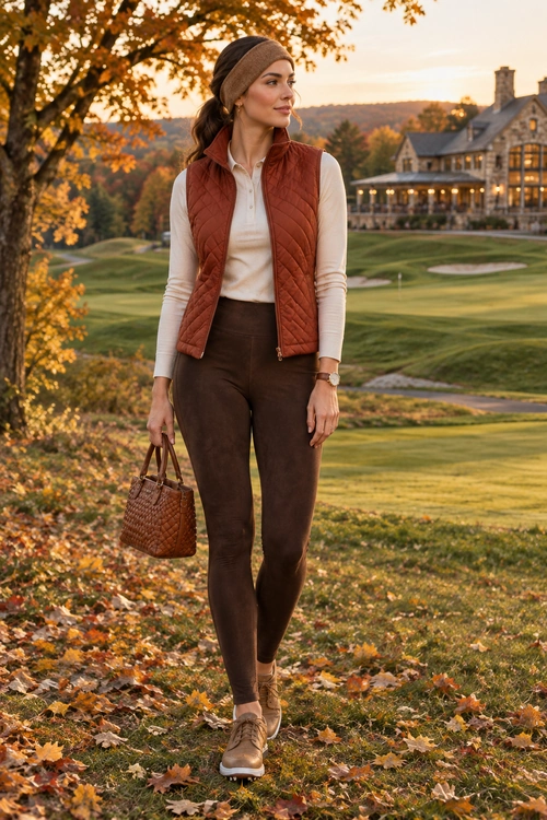 A woman wears a rust quilted vest over a cream long-sleeve top with brown pants, tan ankle boots, and a woven brown handbag.